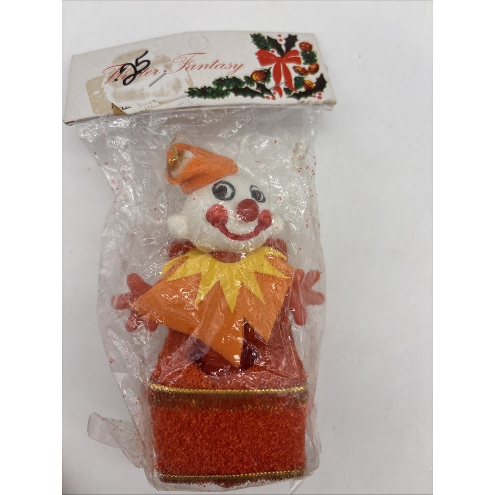 Vtg Plastic Clown Jack in the Box Christmas Tree Ornament Holiday Hong Kong NOS